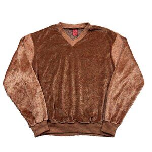 Vintage 80s Designer Collection Orange Velour V Neck Pullover Sweatshirt Sz M